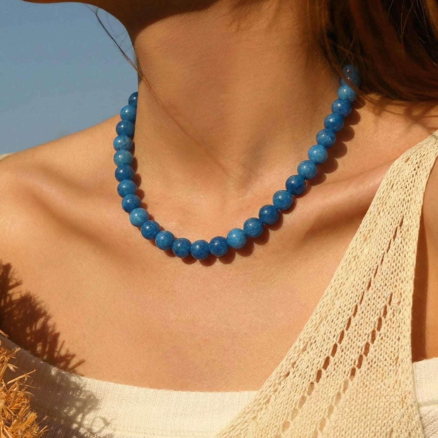 Deep Sapphire Blue Round Natural Stone Beaded Choker