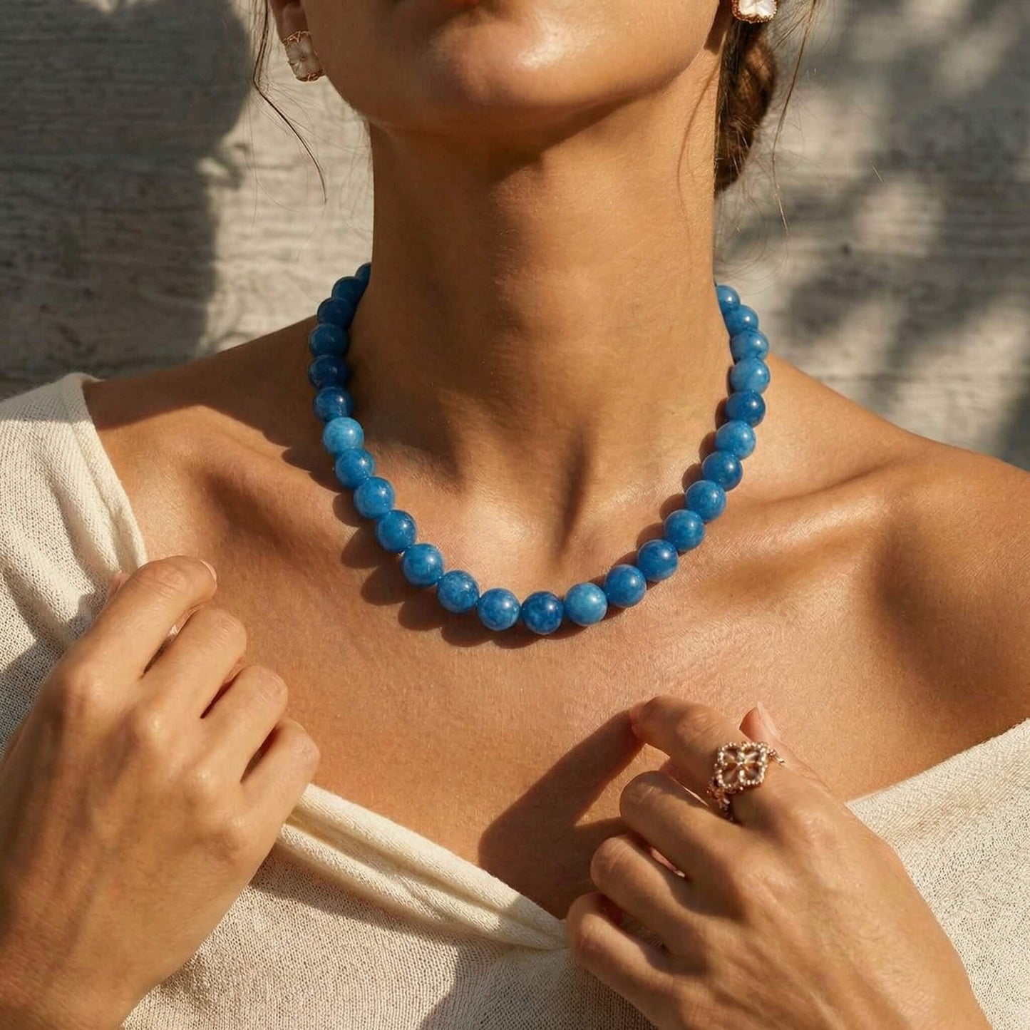 Deep Sapphire Blue Round Natural Stone Beaded Choker