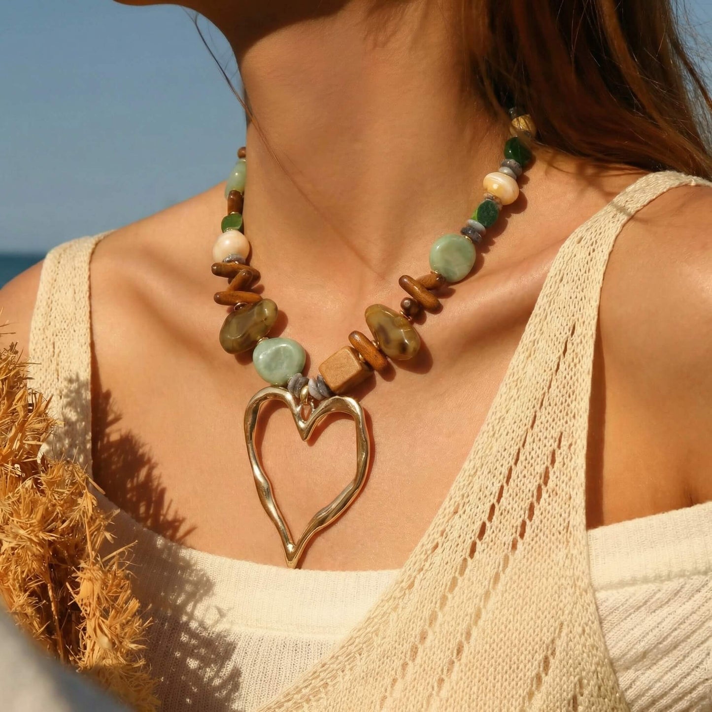 Bohemian Mixed Stone & Natural Wood Beaded Necklace - Oversized Hollow Gold Heart Pendant Statement Choker
