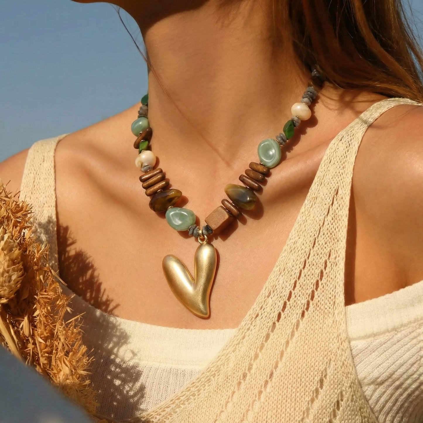 Bohemian Earth-Tone Beaded Necklace - Chunky Solid Matte Gold Heart Pendant Statement Choker with Natural Stone & Wood