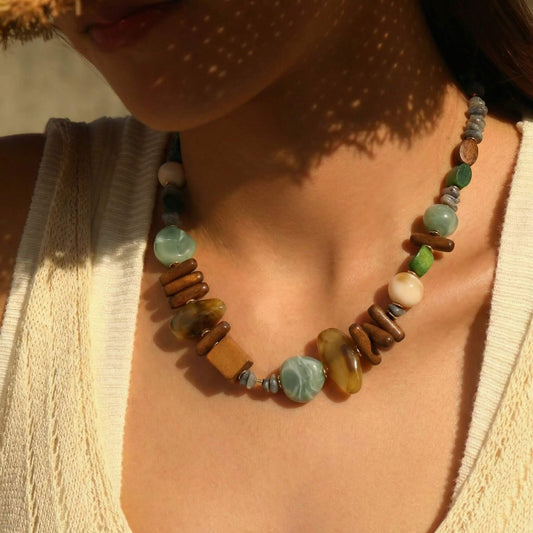 Bohemian Natural Wood & Stone Beaded Choker - Artisanal Mixed-Media Earth-Tone Collar Necklace