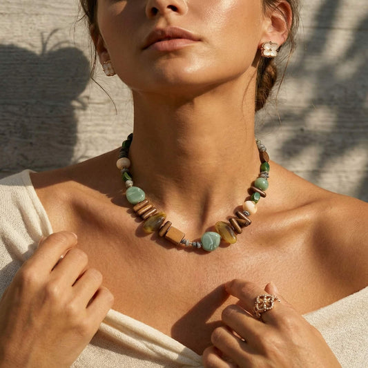 Bohemian Natural Wood & Stone Beaded Choker - Artisanal Mixed-Media Earth-Tone Collar Necklace