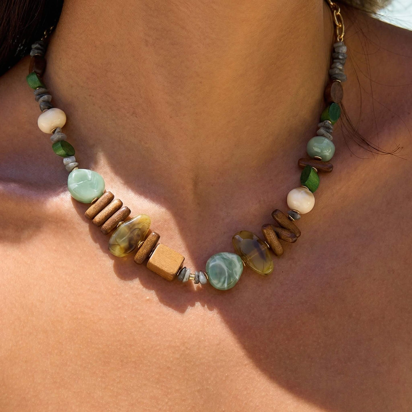 Bohemian Natural Wood & Stone Beaded Choker - Artisanal Mixed-Media Earth-Tone Collar Necklace