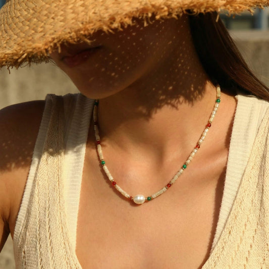 Vintage-Inspired Baroque Pearl & Cylinder Bead Necklace - Artistic Shell and Stone Choker