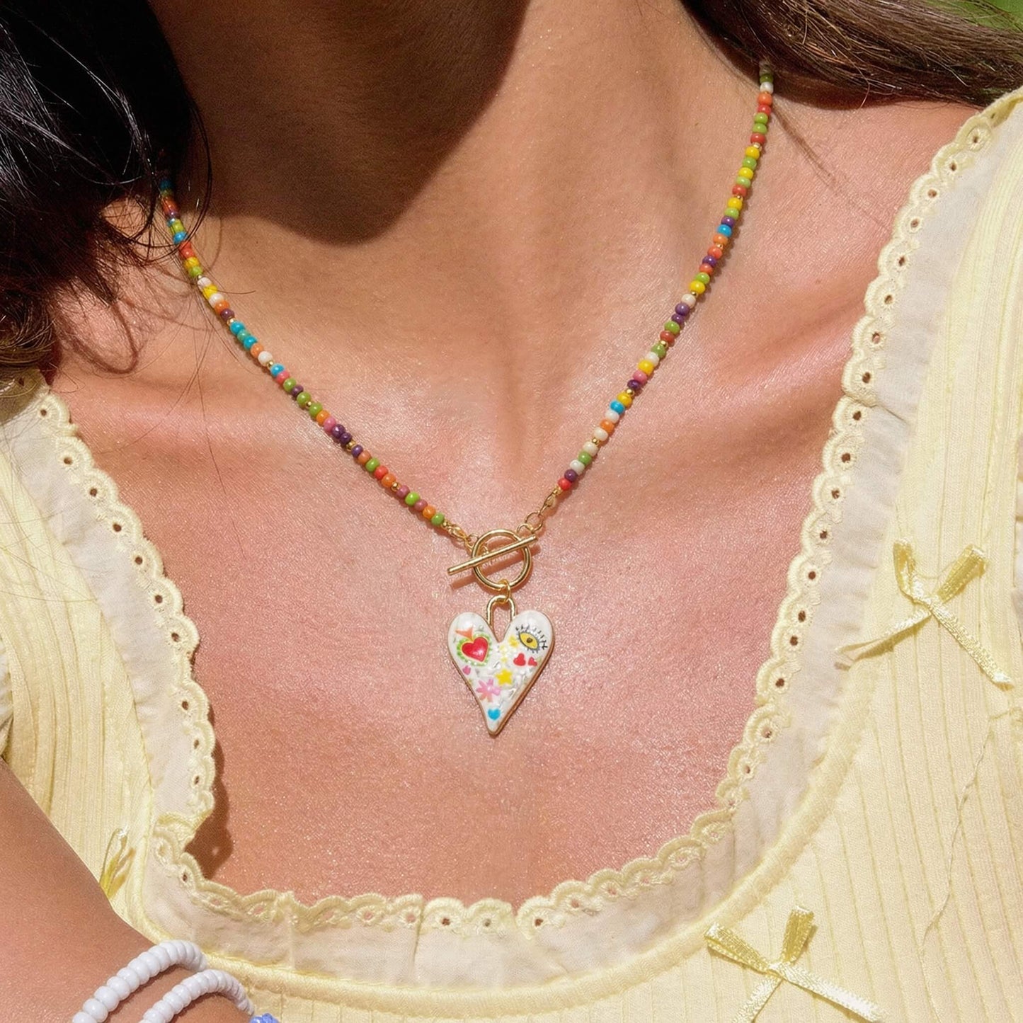 Colorful Rainbow Seed Bead Choker - Whimsical Hand-Painted Heart Pendant Necklace