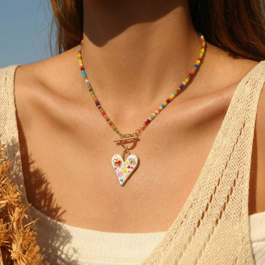Colorful Rainbow Seed Bead Choker - Whimsical Hand-Painted Heart Pendant Necklace