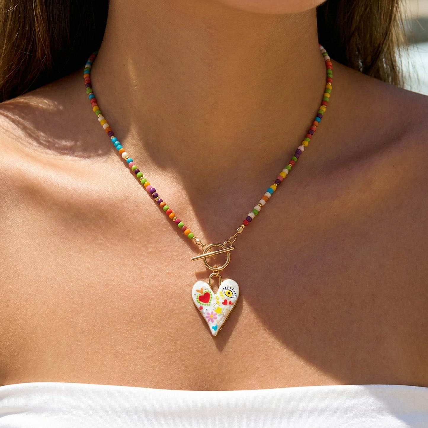 Colorful Rainbow Seed Bead Choker - Whimsical Hand-Painted Heart Pendant Necklace