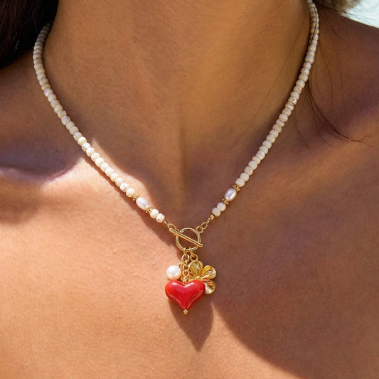Dainty Boho Off-White Beaded Choker - Whimsical Gold Flower, Pearl & Jelly-Red Heart Charm Necklace