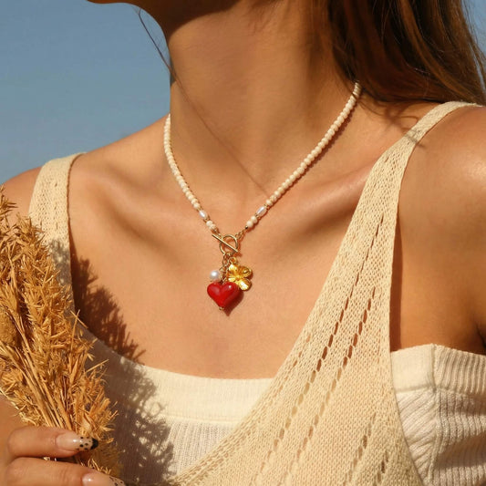 Dainty Boho Off-White Beaded Choker - Whimsical Gold Flower, Pearl & Jelly-Red Heart Charm Necklace