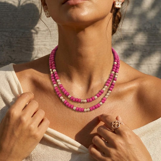Bold Magenta Wood Bead Choker - Summer Hot Pink Natural Wooden Bead Necklace