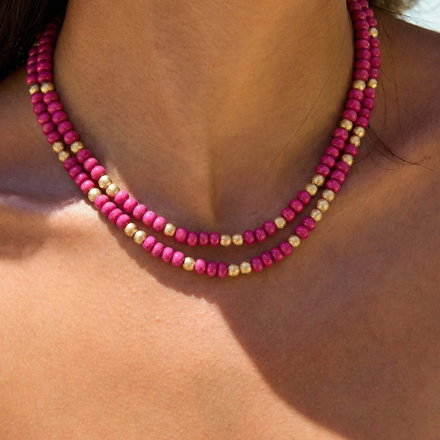 Bold Magenta Wood Bead Choker - Summer Hot Pink Natural Wooden Bead Necklace