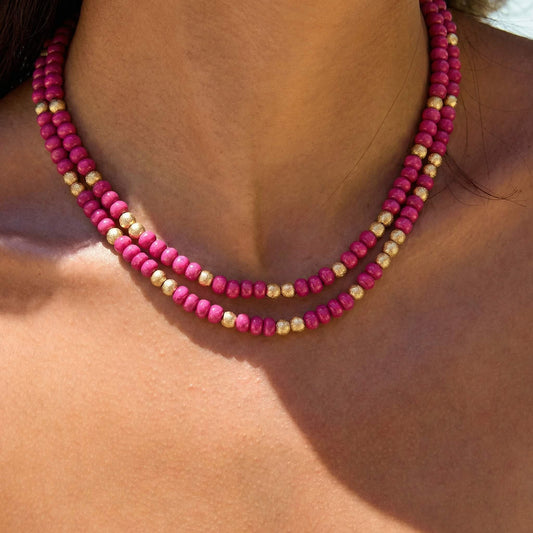 Bold Magenta Wood Bead Choker - Summer Hot Pink Natural Wooden Bead Necklace
