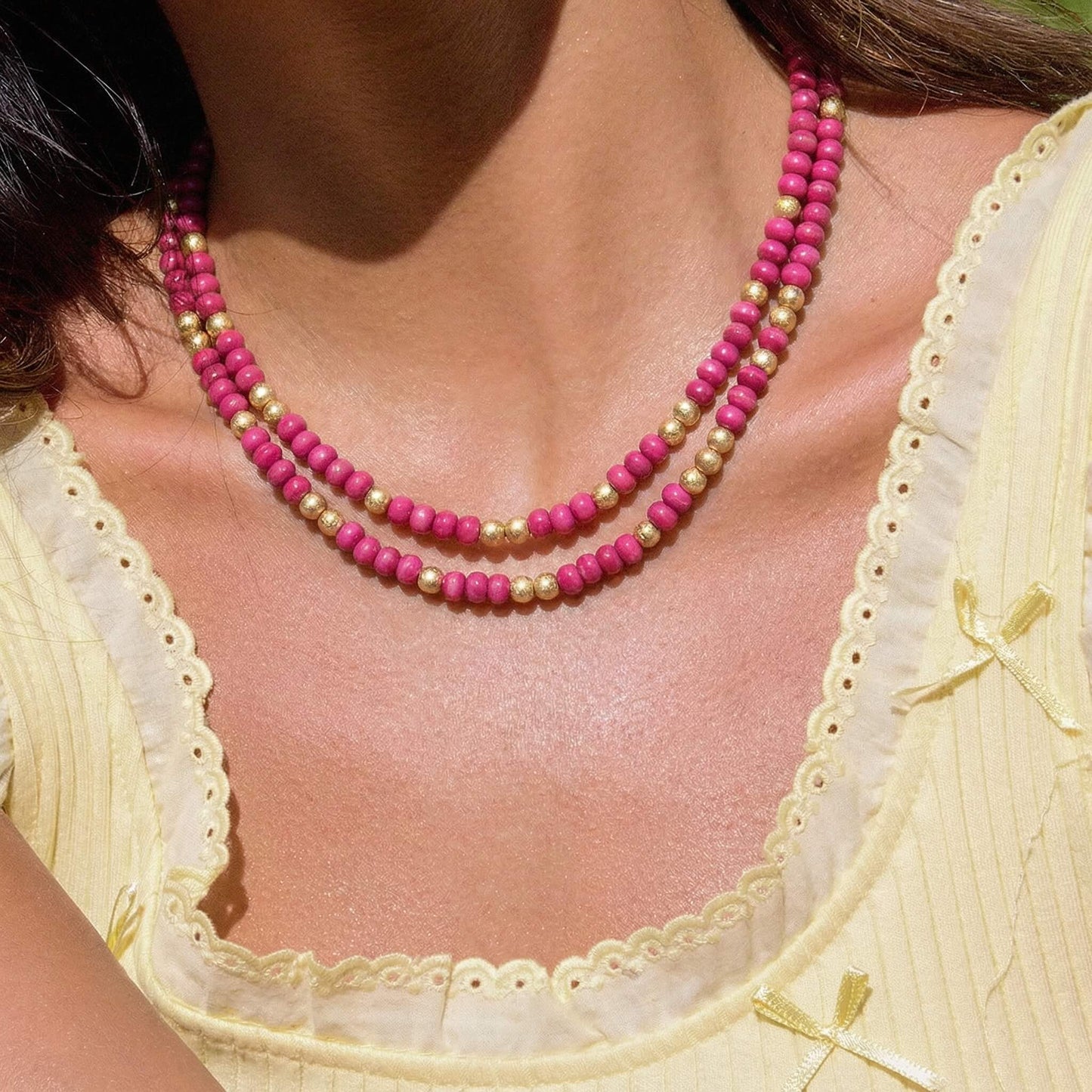 Bold Magenta Wood Bead Choker - Summer Hot Pink Natural Wooden Bead Necklace