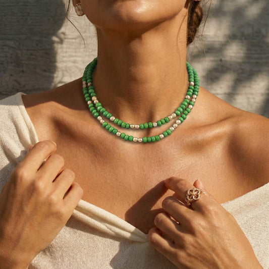 Bohemian Forest Green Wood Bead Choker - Nature-Inspired Emerald Natural Wooden Bead Necklace