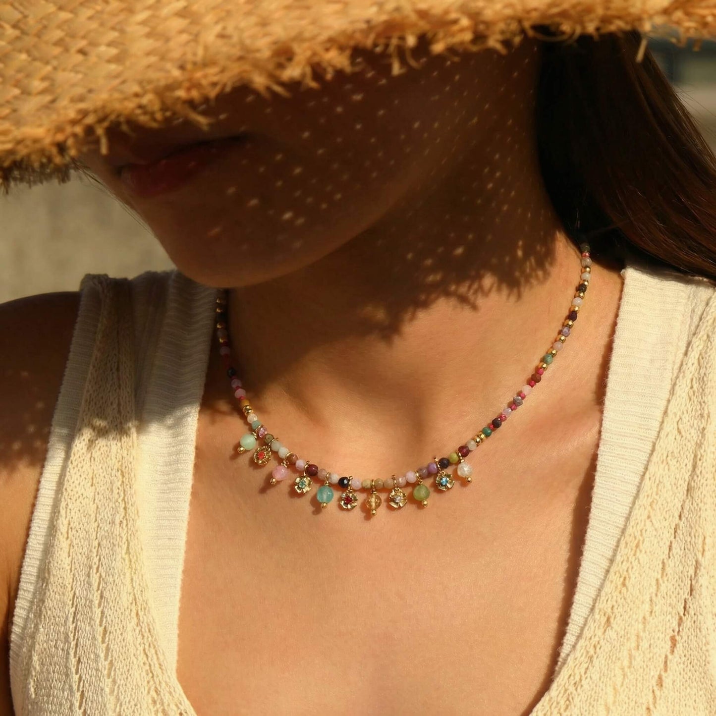 Dopamine-Color Natural Multi-Gemstone Beaded Choker Necklace