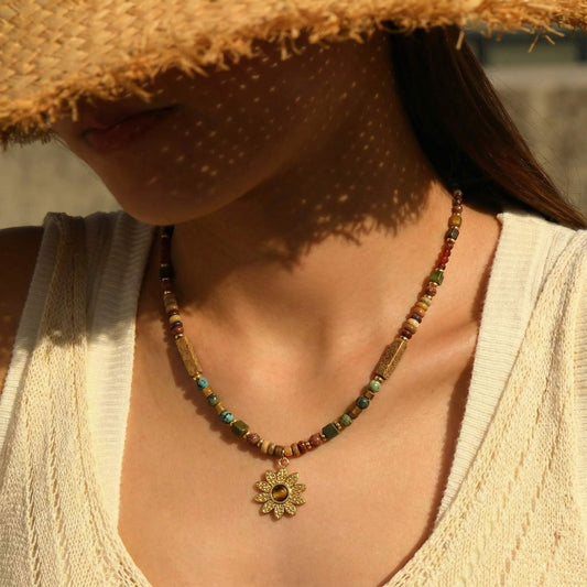 Natural Stone Beaded Sunflower Pendant Choker Necklace - Earthy Tones & Dainty Charm