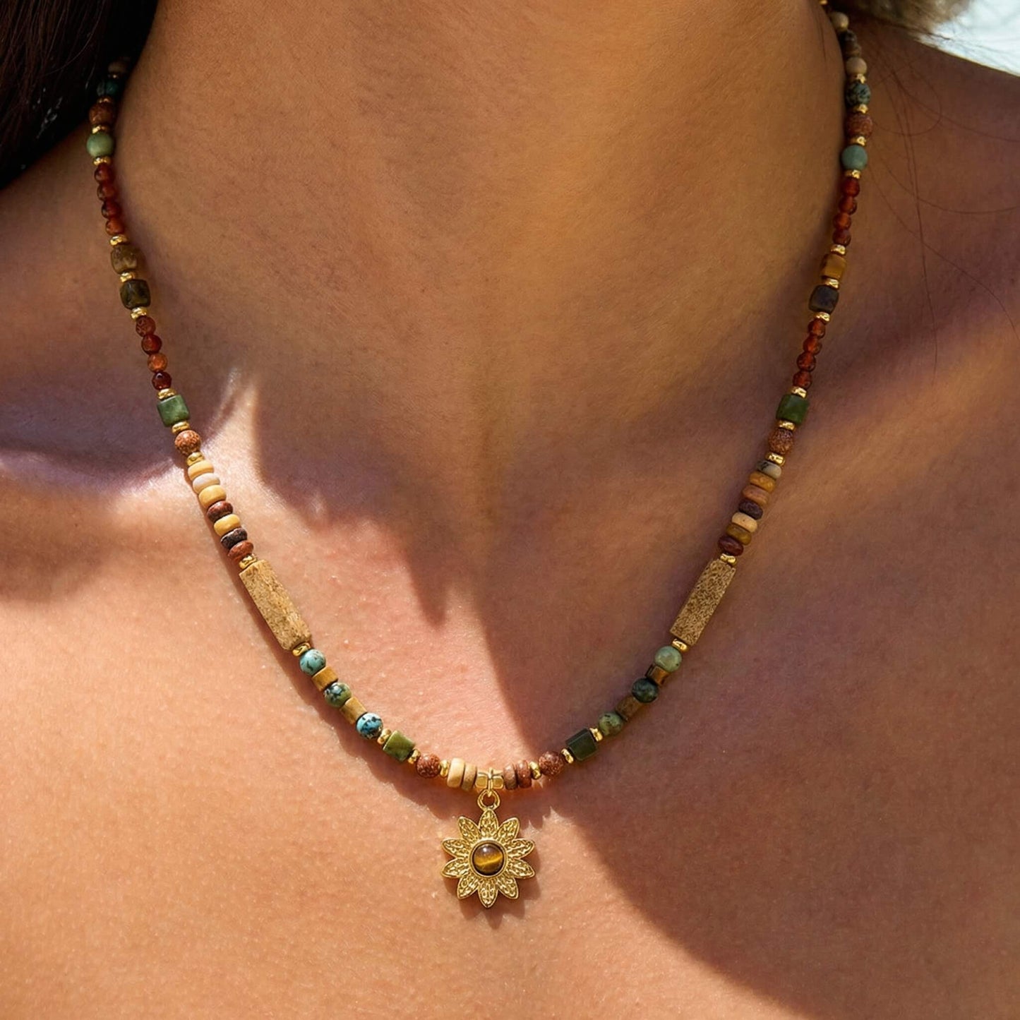 Natural Stone Beaded Sunflower Pendant Choker Necklace - Earthy Tones & Dainty Charm
