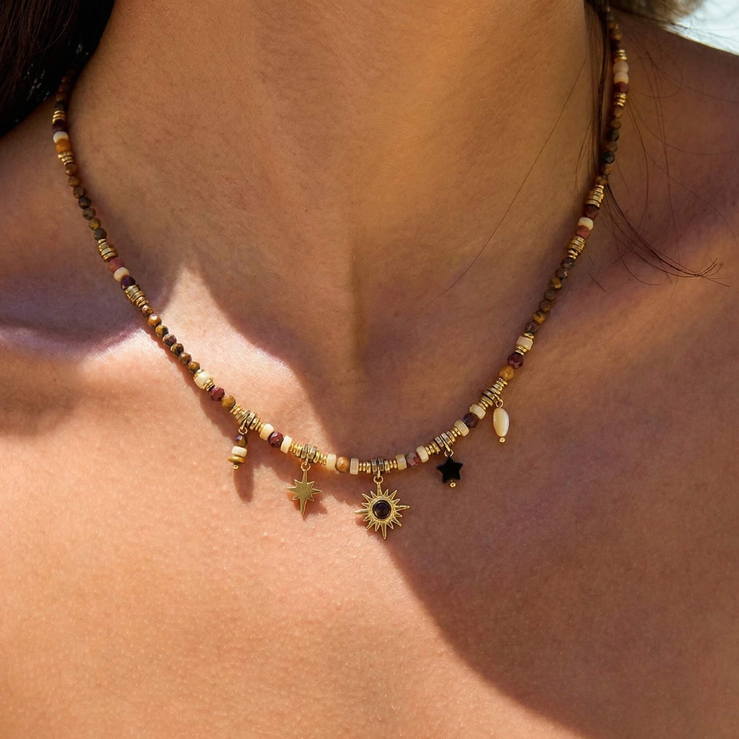 Natural Stone Beaded Choker Necklace with Sun & Star Charms - Earthy Boho Elegance