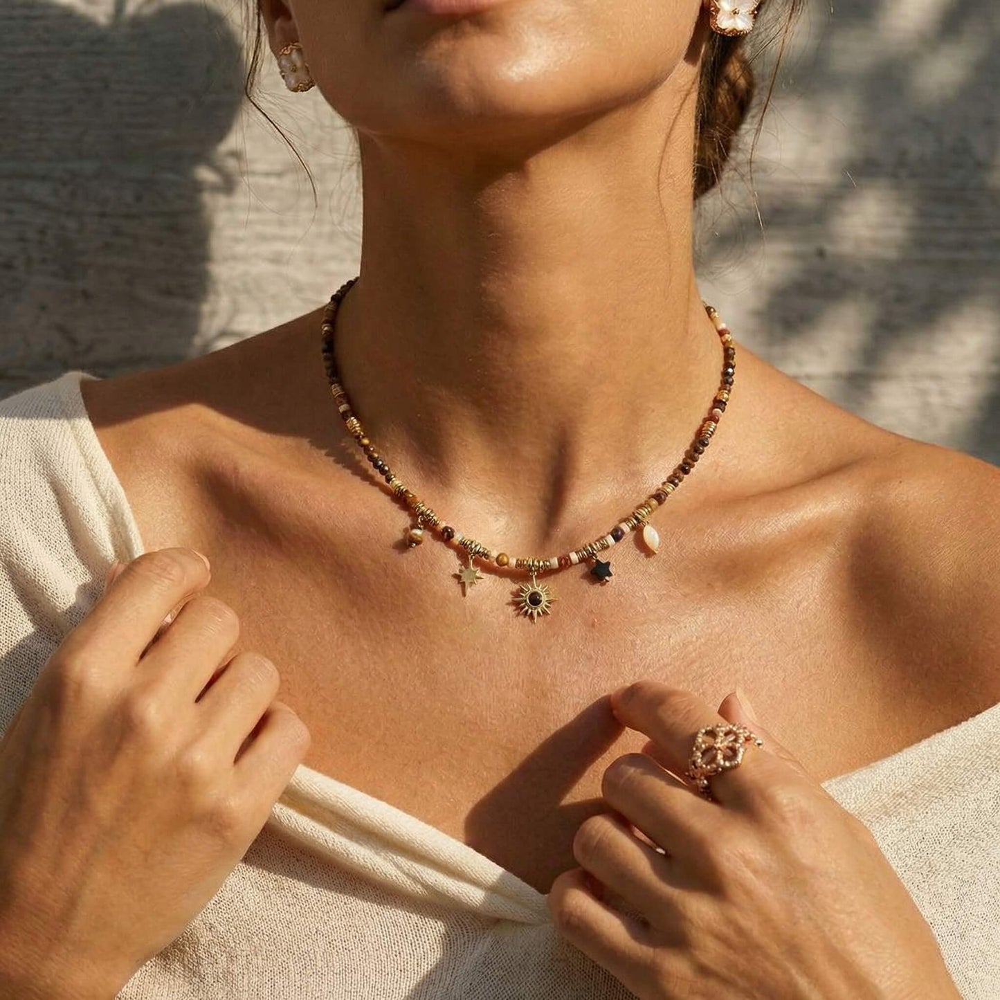 Natural Stone Beaded Choker Necklace with Sun & Star Charms - Earthy Boho Elegance