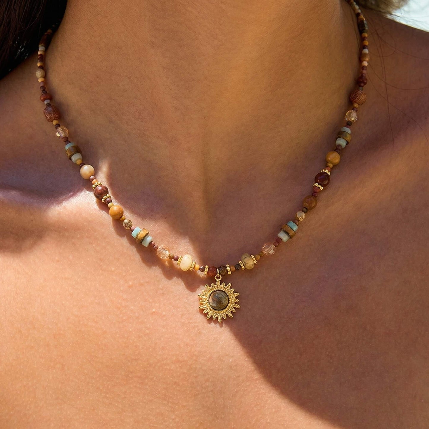 Natural Stone Beaded Choker Necklace - Earthy Boho Elegance