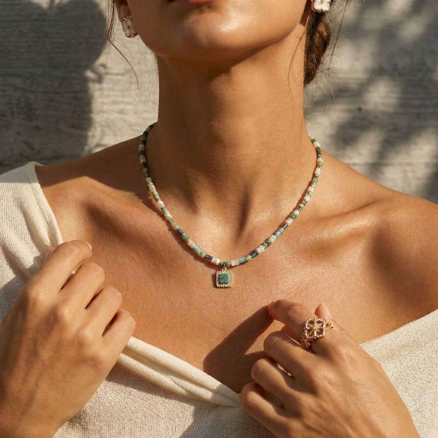 Summer Natural Stone Beaded Choker Necklace - Fresh Green Boho Chic