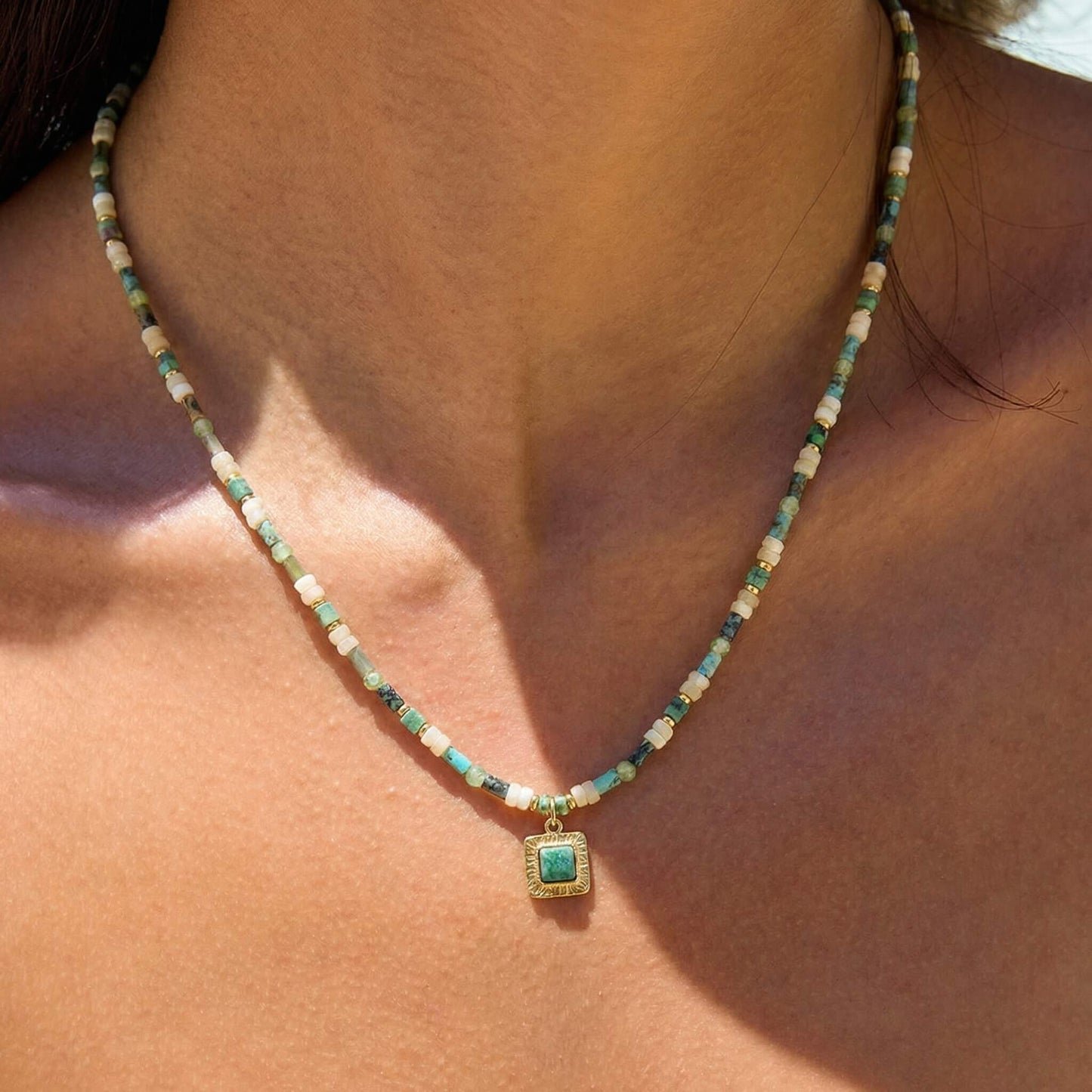 Summer Natural Stone Beaded Choker Necklace - Fresh Green Boho Chic