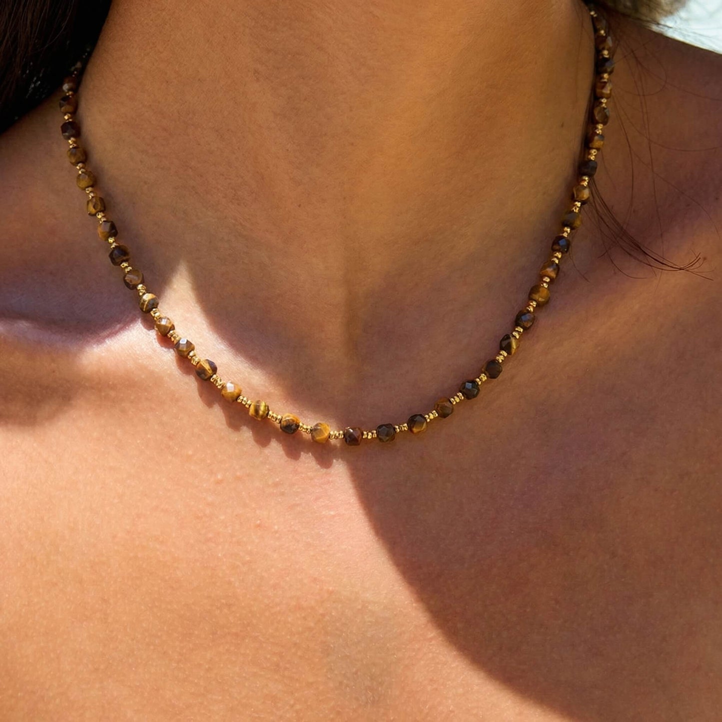 Retro Tiger Eye Natural Stone Beaded Choker Necklace - Earthy Boho Vintage Charm