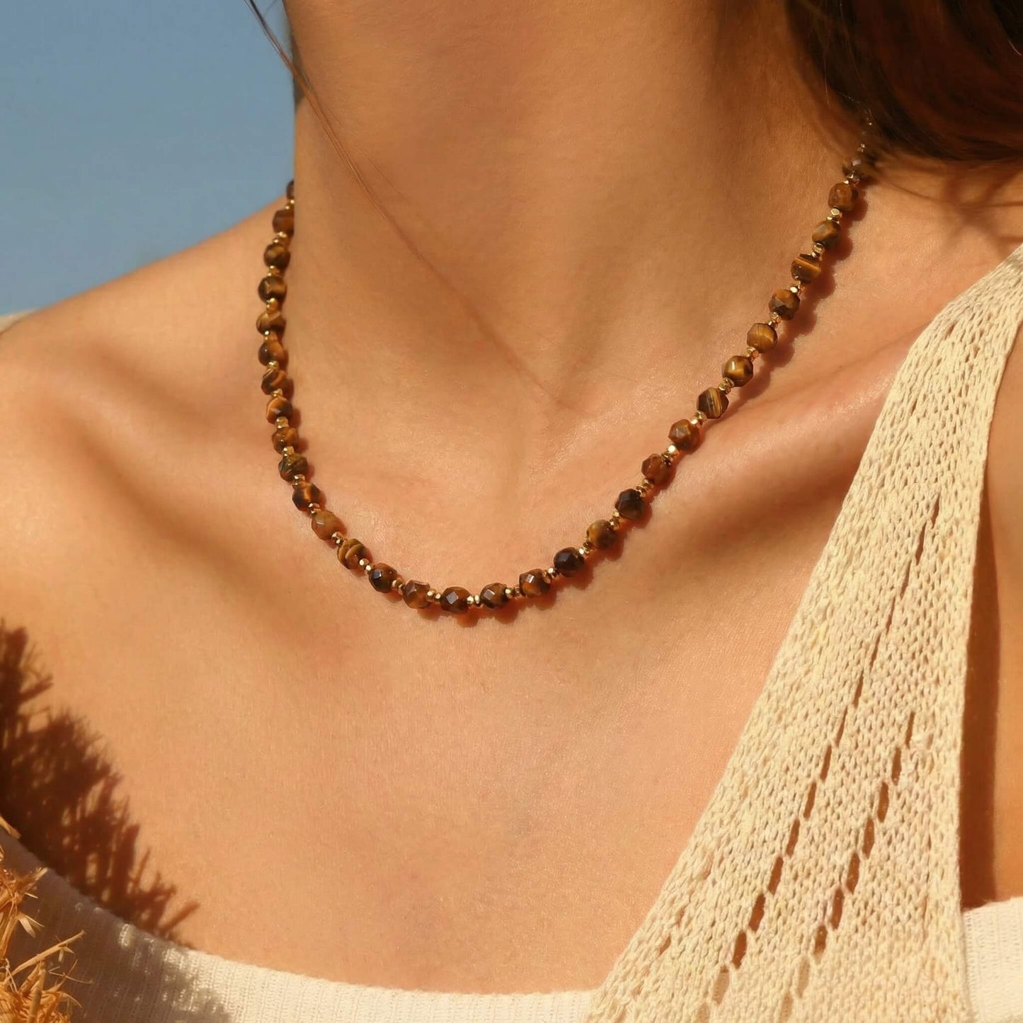 Retro Tiger Eye Natural Stone Beaded Choker Necklace - Earthy Boho Vintage Charm