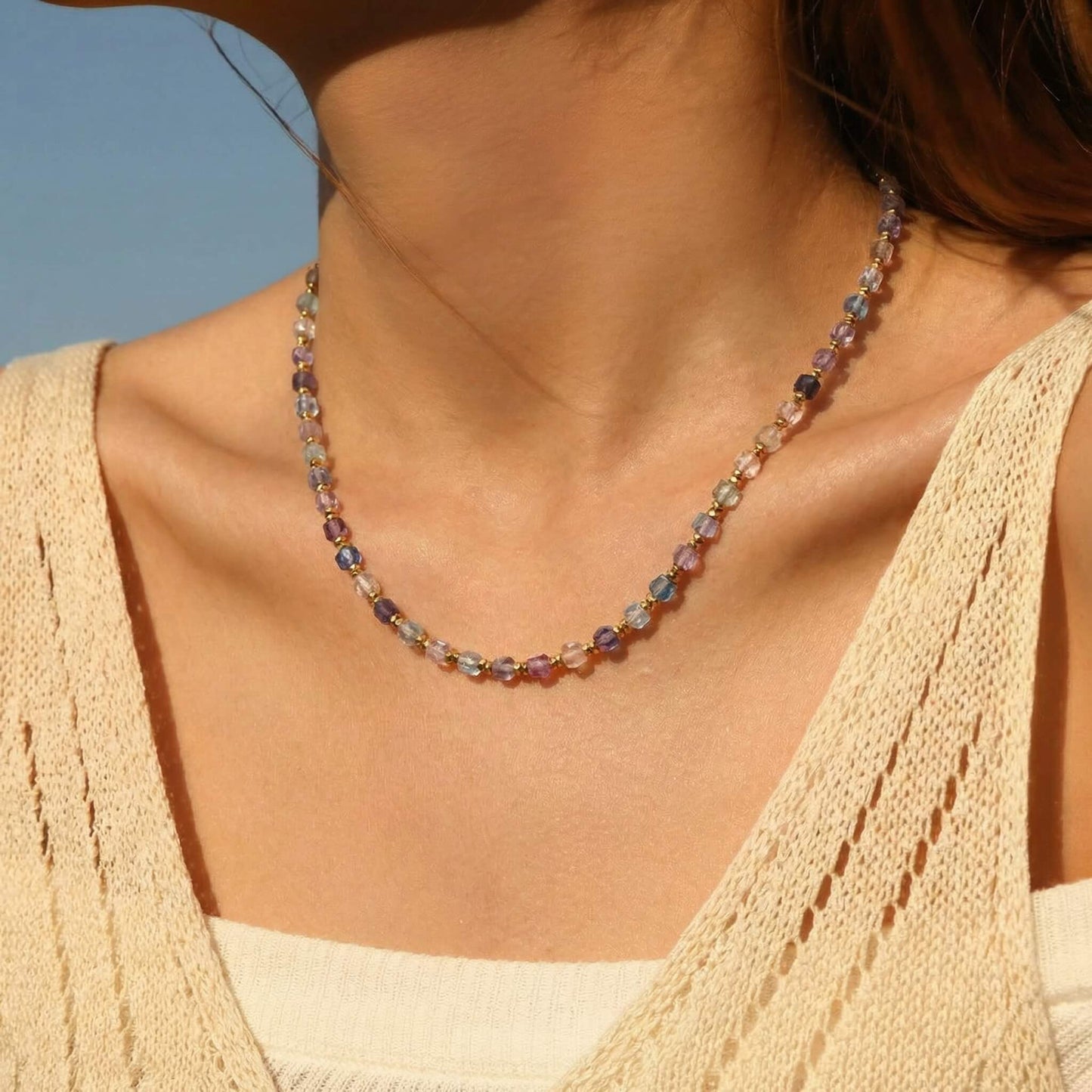 Summer Natural Stone Beaded Choker Necklace - Iridescent Boho Charm