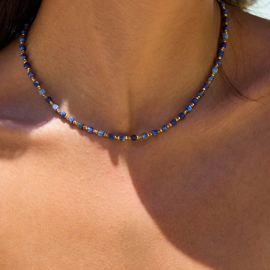 Summer Lapis Lazuli Natural Stone Beaded Choker Necklace - Cool Boho Coastal Charm