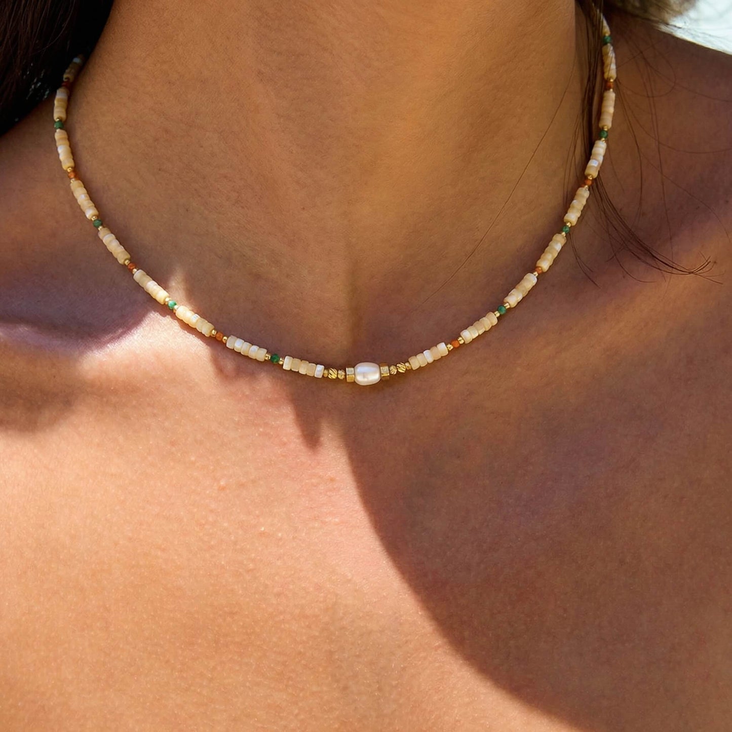 Summer Natural Stone & Pearl Beaded Choker Necklace