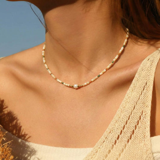 Summer Natural Stone & Pearl Beaded Choker Necklace