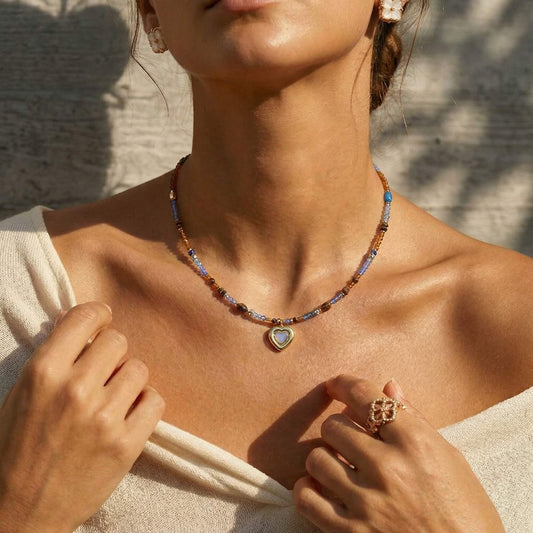 Natural Stone Beaded Choker Necklace with Heart Pendant