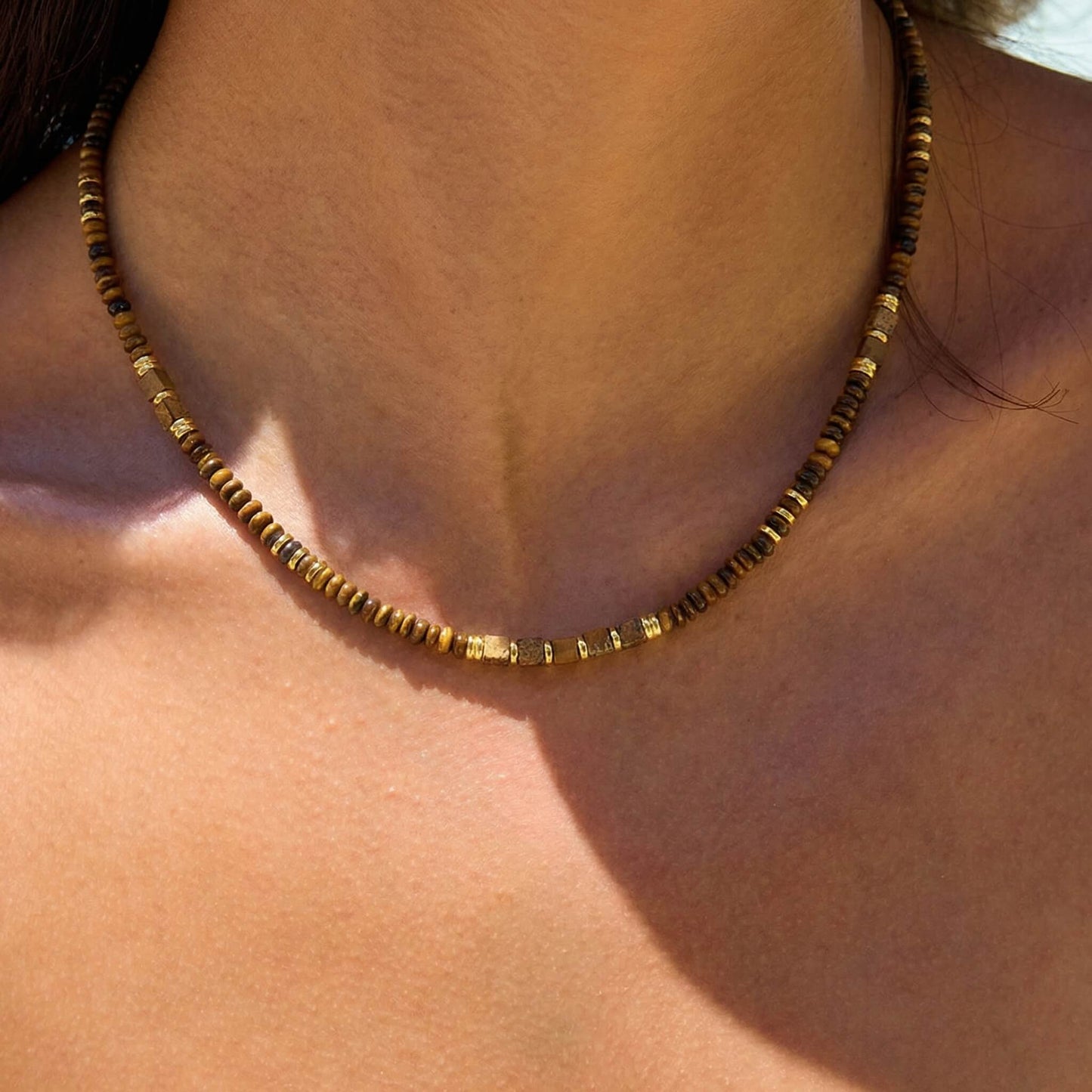 Natural Tiger's Eye & Picture Jasper Beaded Choker Necklace
