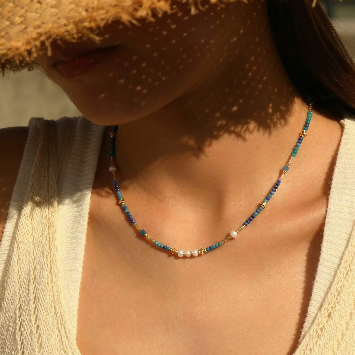 Natural Lapis Lazuli & Pearl Beaded Choker Necklace