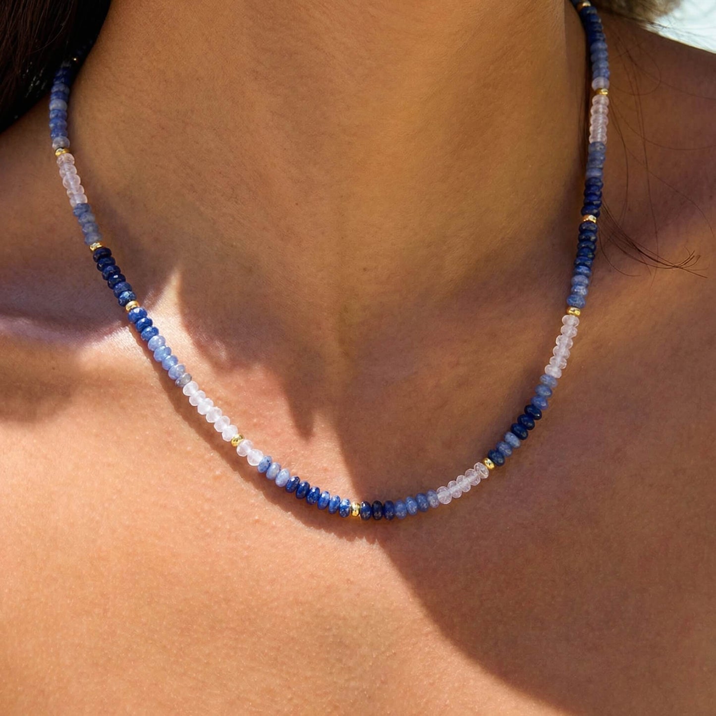 ‌Summer Natural Stone Beaded Choker Necklace - Blue & White Boho Minimalist Jewelry