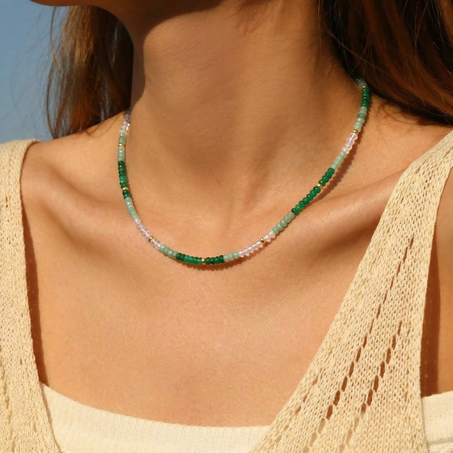 Summer Green & White Natural Stone Choker Necklace