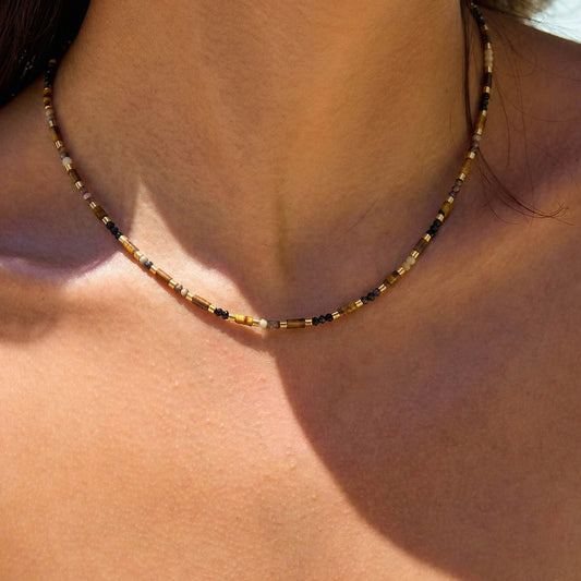 Vintage Tiger's Eye & Black Tourmaline Handmade Beaded Choker Necklace