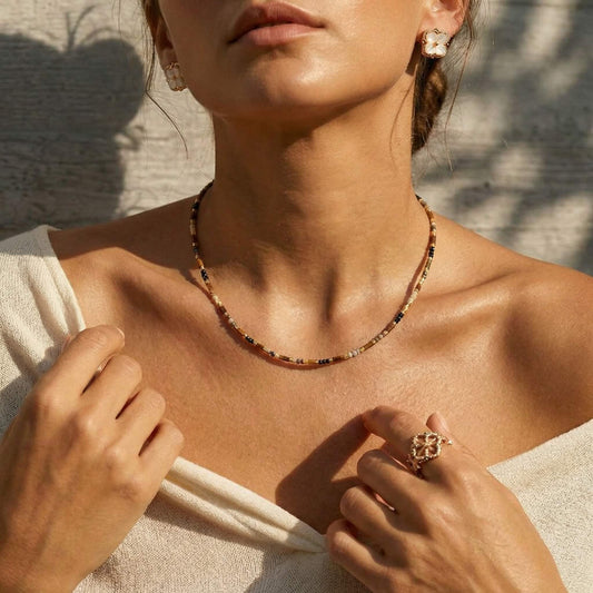 Vintage Tiger's Eye & Black Tourmaline Handmade Beaded Choker Necklace