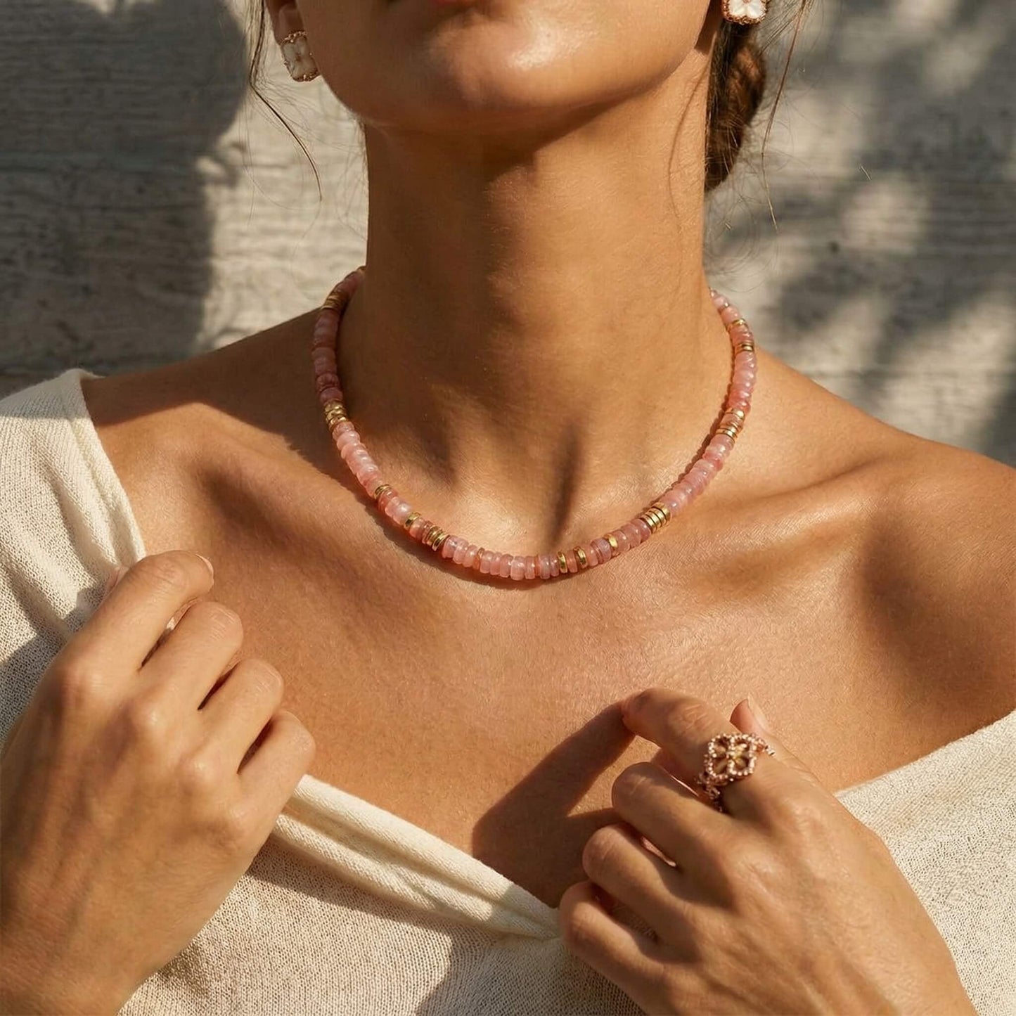 Natural Strawberry Quartz Beaded Choker Necklace