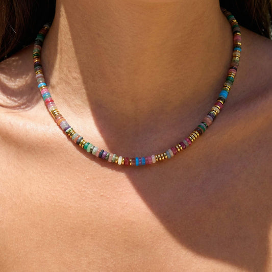 Natural Multicolor Gemstone Beaded Choker Necklace with 18K Gold-Plated Accents