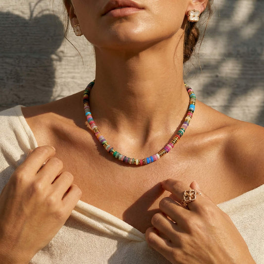 Natural Multicolor Gemstone Beaded Choker Necklace with 18K Gold-Plated Accents