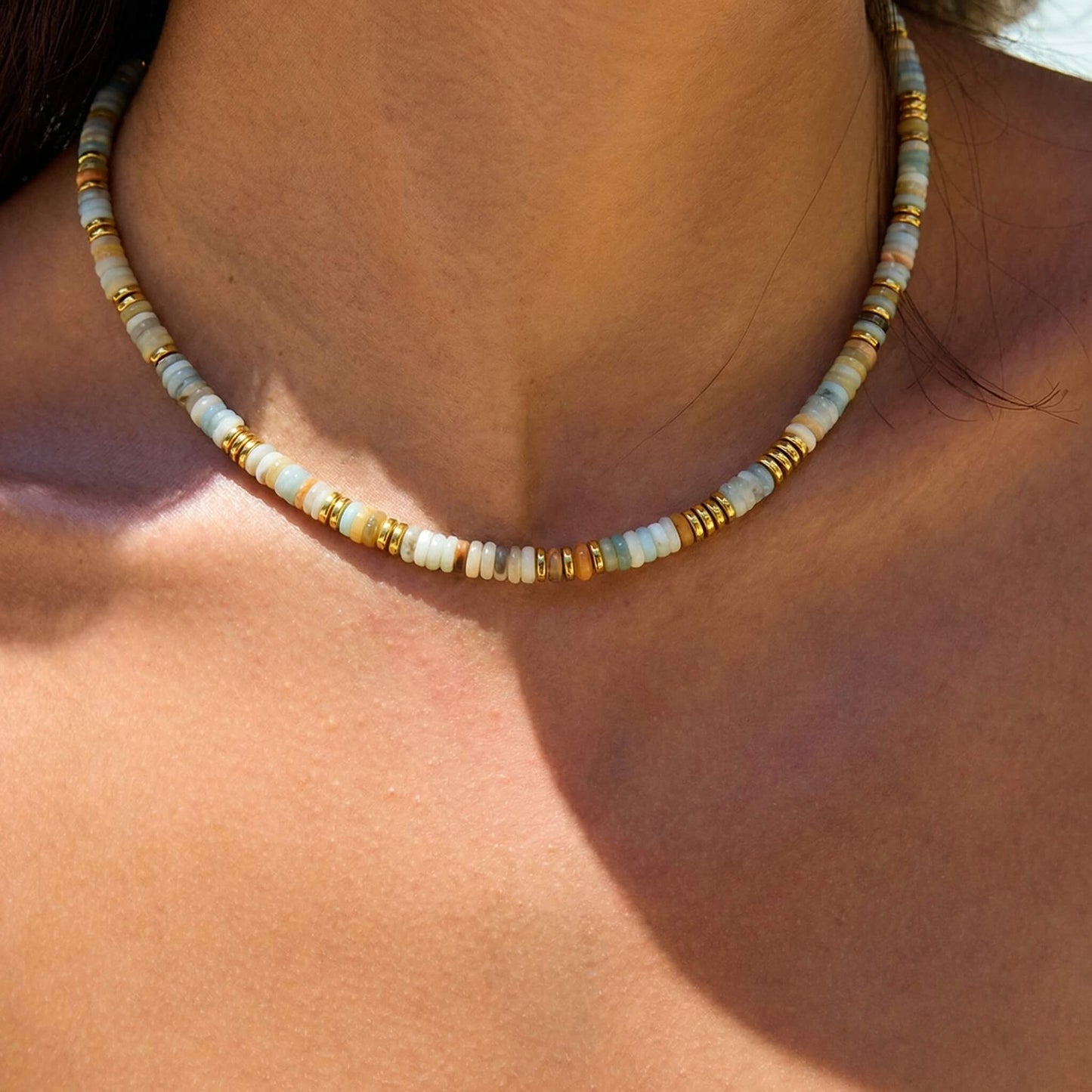 Natural Multicolor Stone Beaded Choker Necklace with 18K Gold-Plated Accents