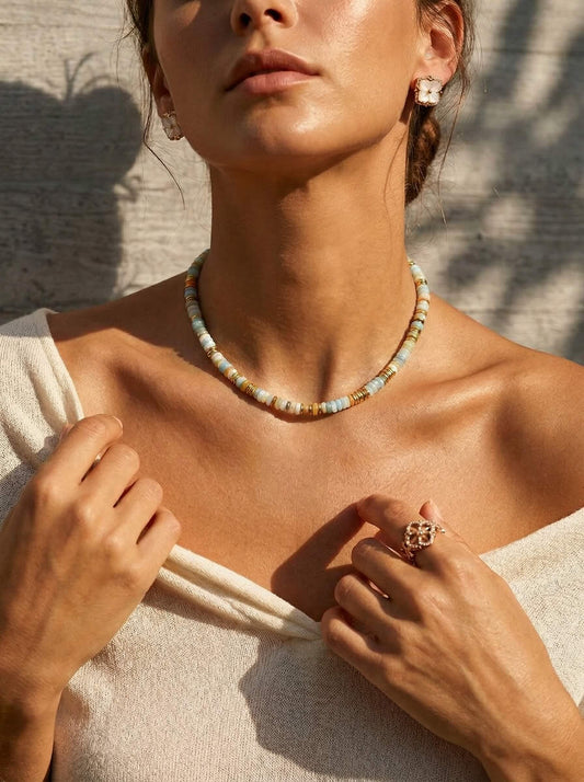 Natural Multicolor Stone Beaded Choker Necklace with 18K Gold-Plated Accents