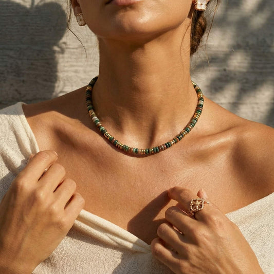 Natural Earth-Tone Jasper Beaded Choker Necklace with 18K Gold-Plated Accents