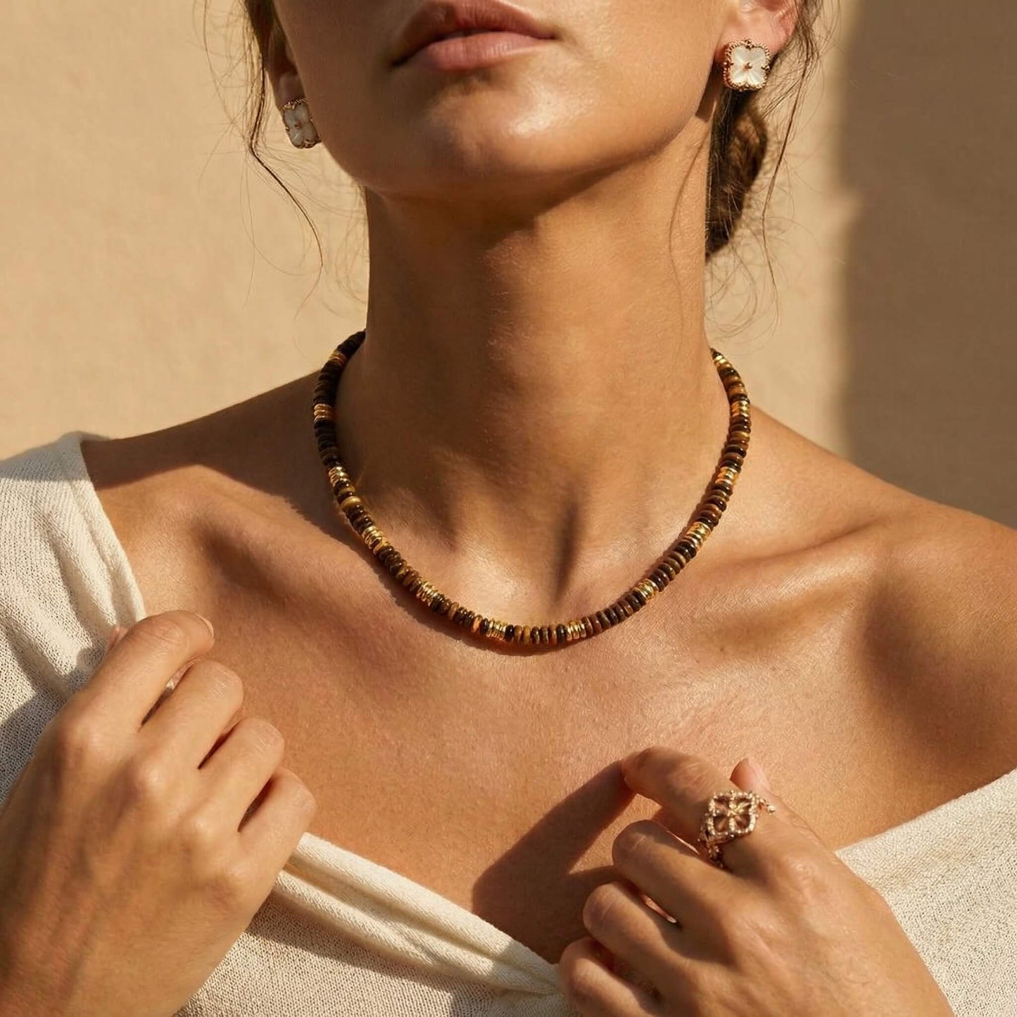 Handcrafted Natural Tiger Eye Stone Beaded Choker Necklace