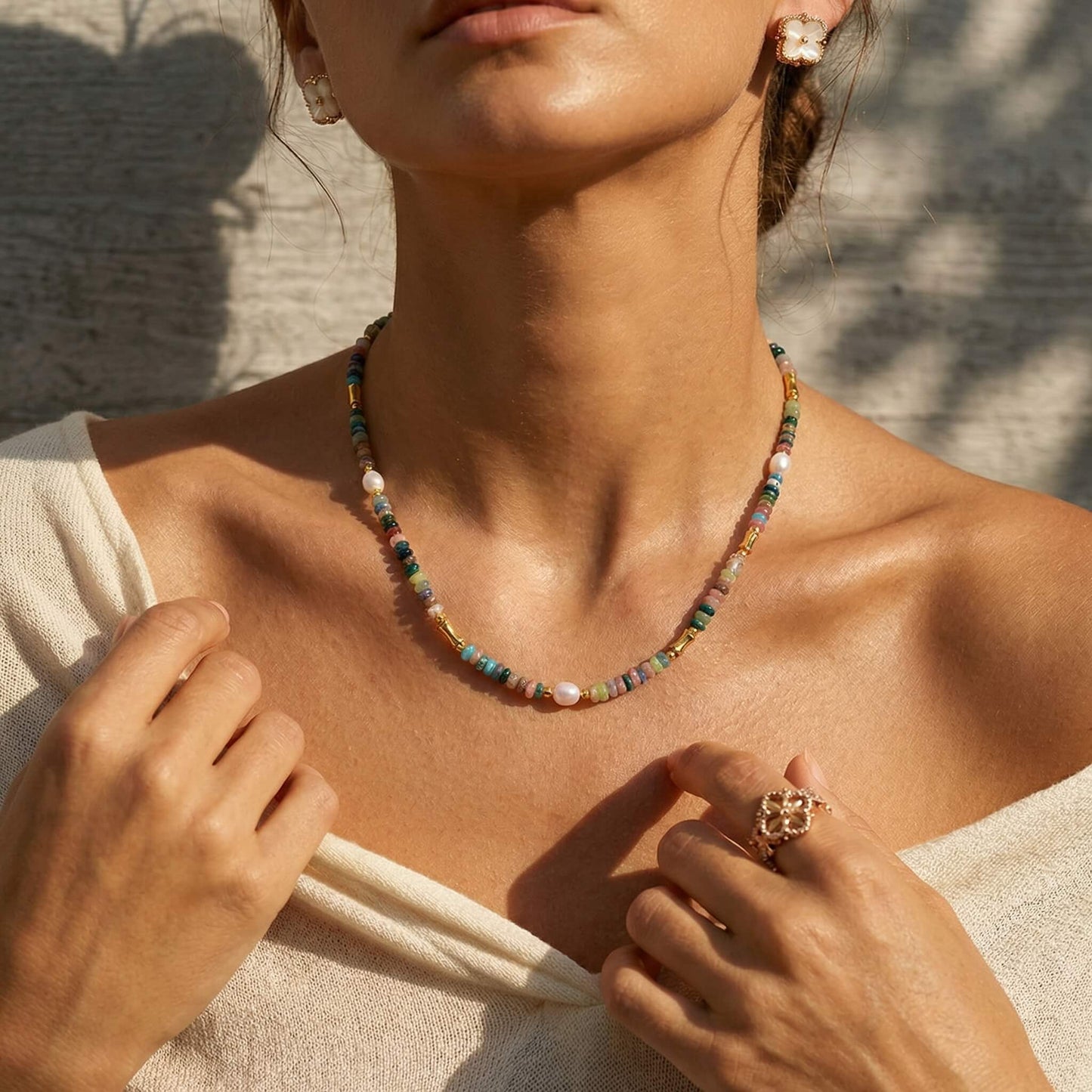 Summer Freshwater Pearl & Natural Stone Beaded Necklace