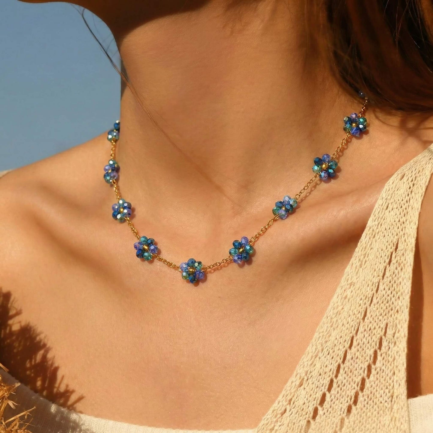 Blue Glass Bead Daisy Choker Necklace