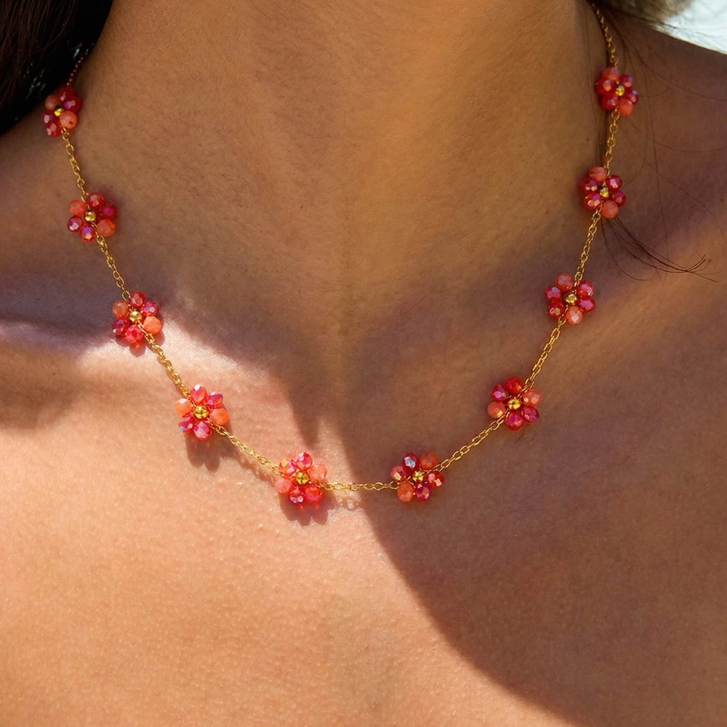 Red Glass Bead Daisy Choker Necklace