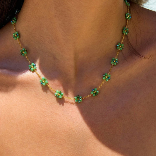Green Glass Bead Daisy Choker Necklace